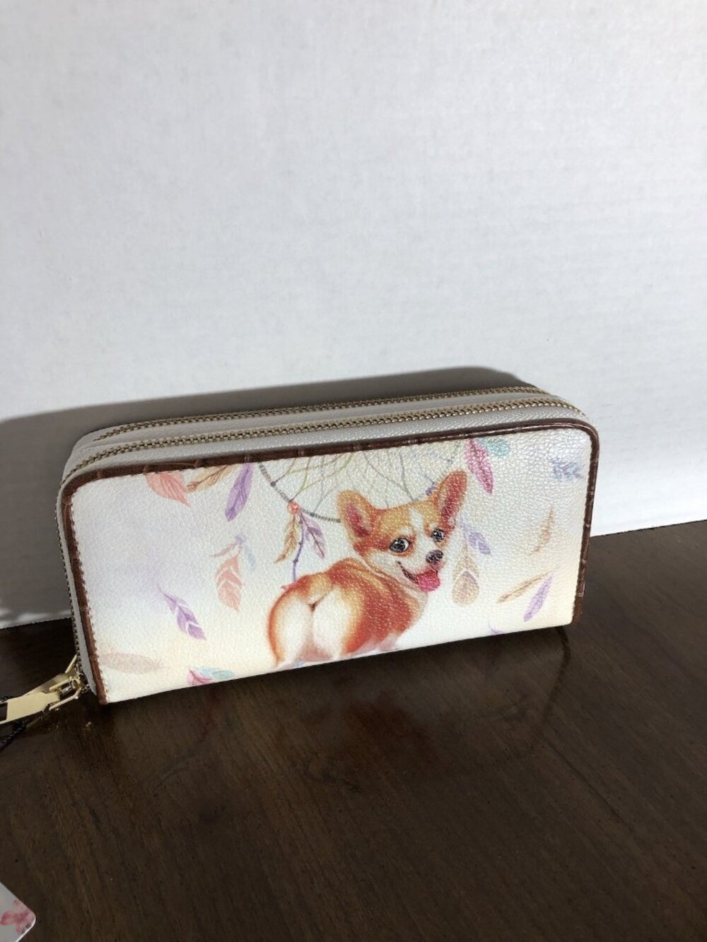 Brentano Boho Flora Corgi Double Zip Wristlet Wallet  7.5” x 4” x 1”